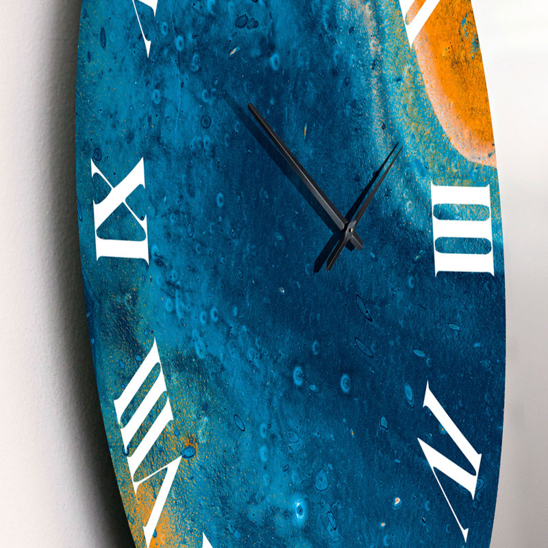 Composition abstraite de marbre en bleu et orange V - horloge murale moderne, Petit