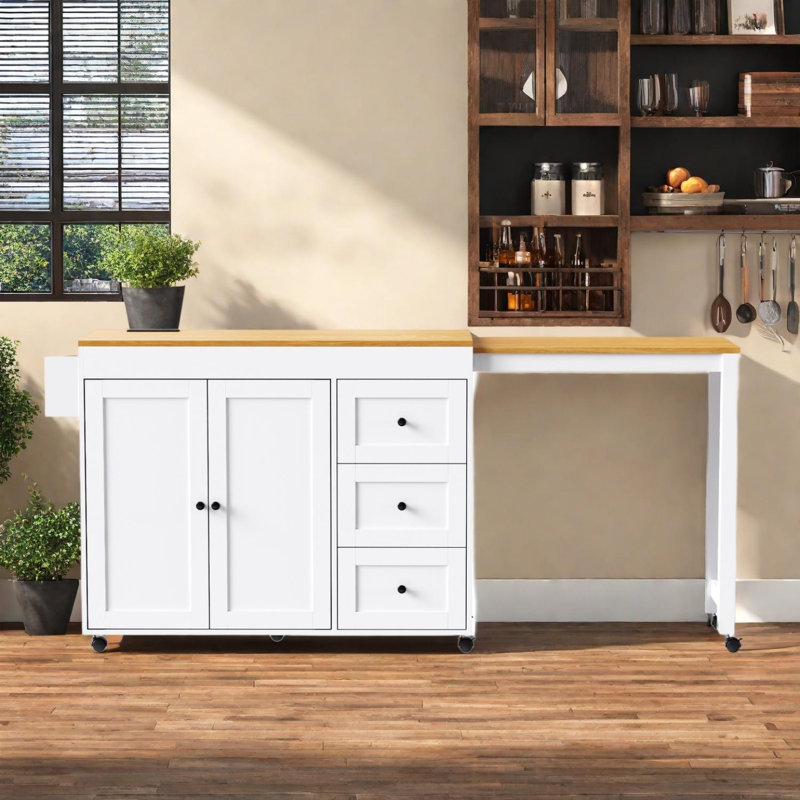 Îlot de cuisine 74,8 po avec table de salle à manger extensible et rangement, Blanc
