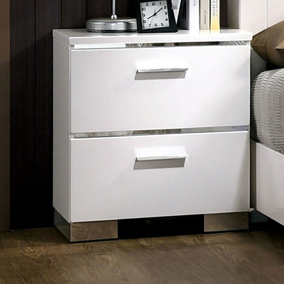 White Nightstand With , Legs And 2 Spacious Big Functional Drawers For Bedroom Interior Elegant Contemporary Built-In Port, Storage Setup