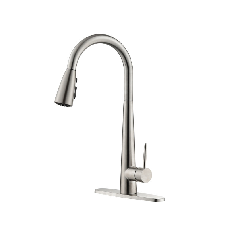 Pull Down Kitchen Faucet In Stainless Steel, Brushed Nickel, High Arc Single Handle With Deck Plate, Modern Handle, , Nickel