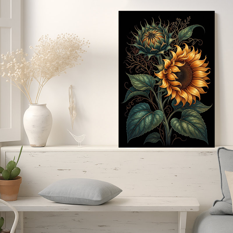 Art mural sur toile jaune tournesol jaune et bleu sarcelle avec vignes sur toile noire, H 18 po x l 12 po