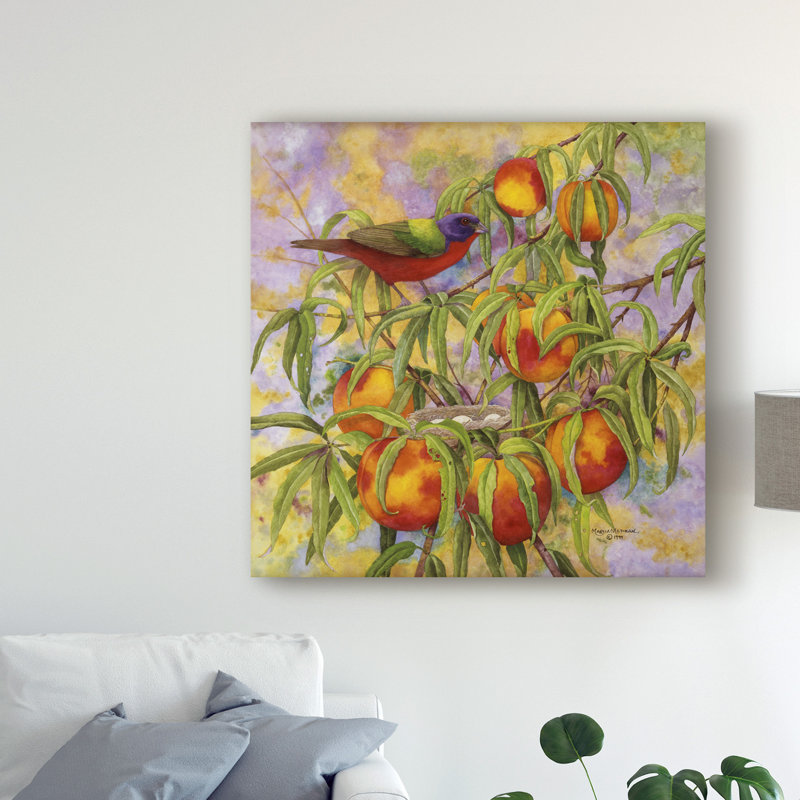 «Painted Bunting and Peaches» par Marcia Matcham - reproduction d'art sur toile, H 35 po x l 35 po x P 2 po