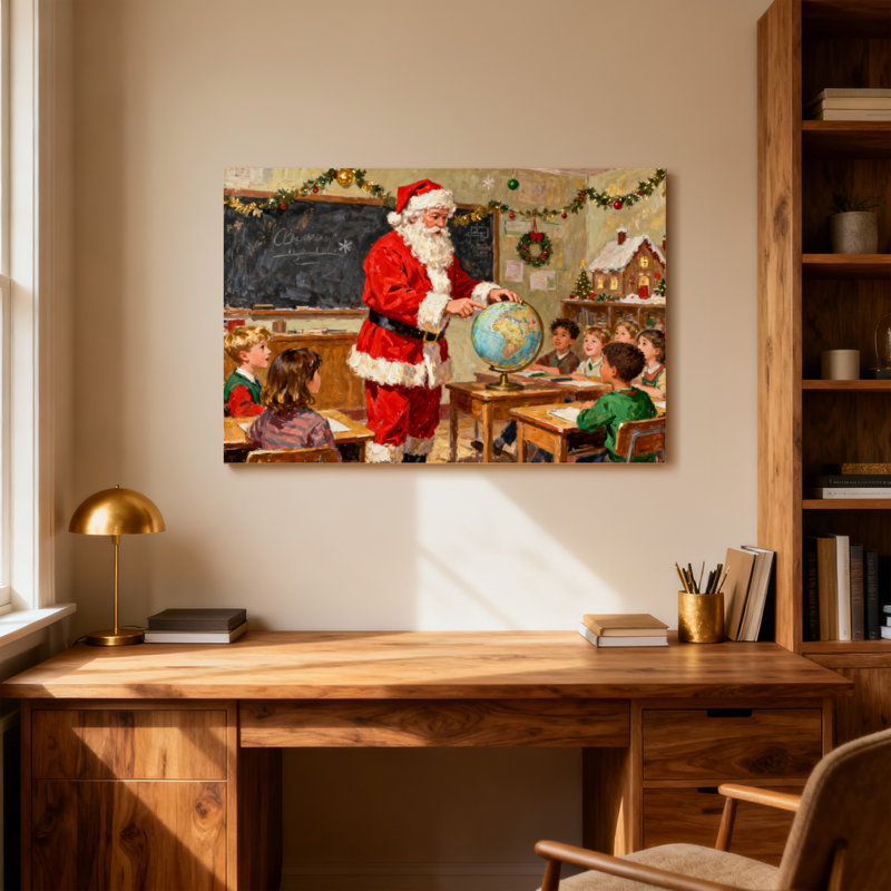 Père Noël en classe avec globe, H 12 po x l 18 po