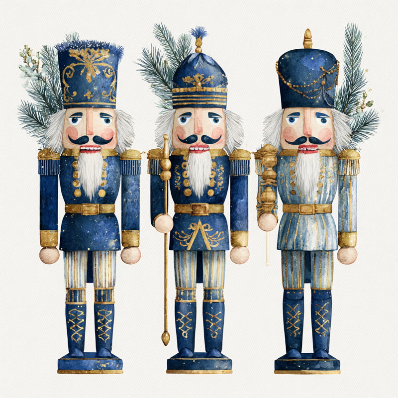«Blue and Gold Nutcracker Trio», art mural sur toile tendue, H 20 po x l 20 po