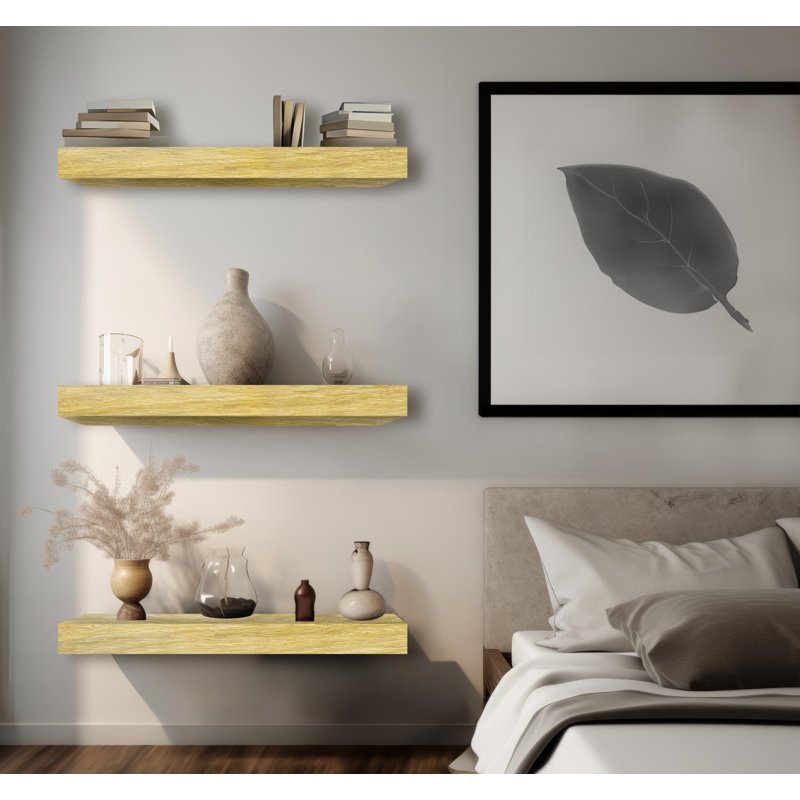 Tablette flottante en chêne massif, H 4 po x l 34 po x P 4 po, Jaune