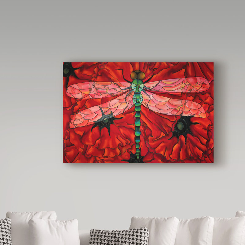 Reproduction de peinture acrylique sur toile tendue «Dragonfly and Poppies» Gulabacha, H 12 po x l 19 po x P 2 po