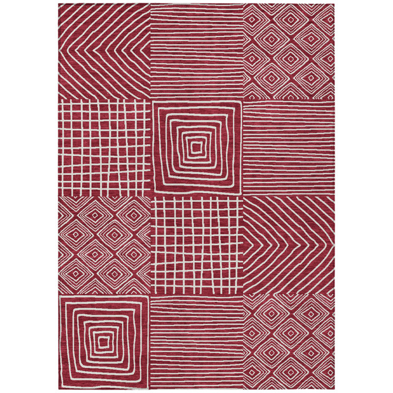 Tapis intérieur lavable à motif géométrique rouge 5 pi x 8 pi