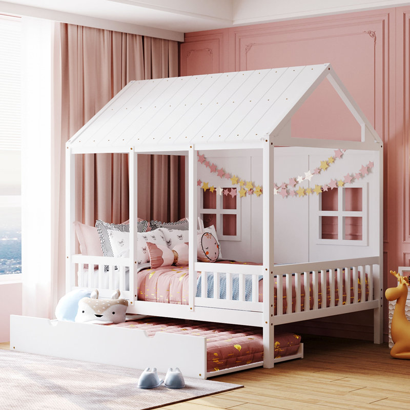 Rezac Standard House Style Bed with Trundle, White, Full