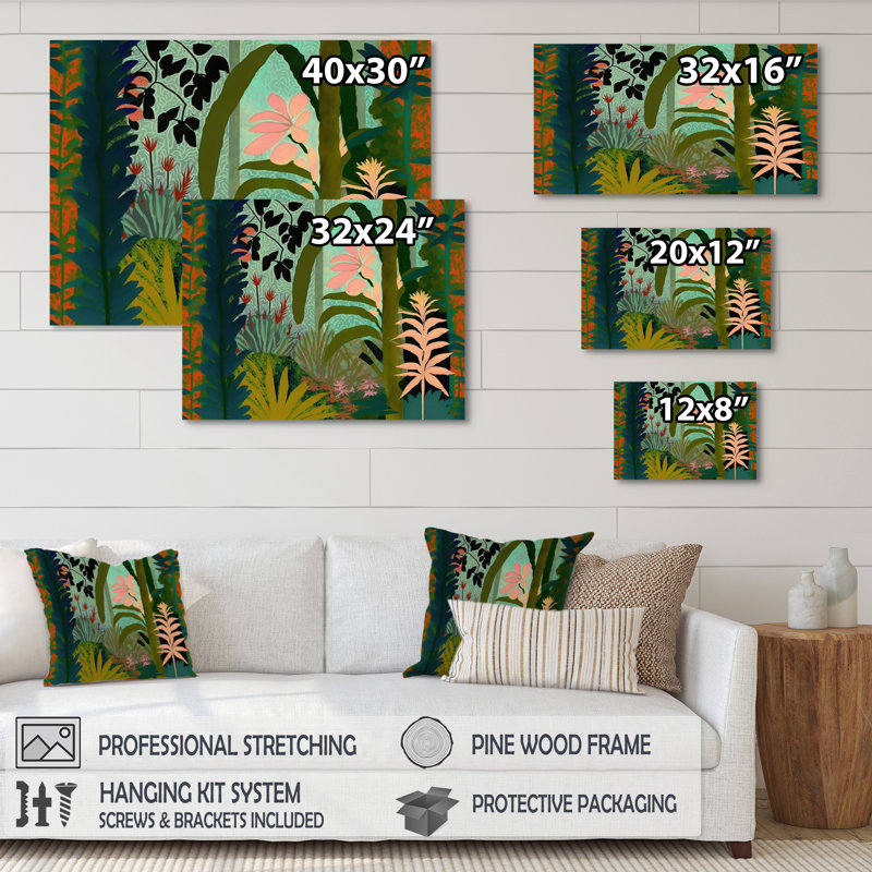 «Blossoming and Vibrant Jungle Flora II», reproduction sur toile, H 16 po x l 32 po x P 1 po, Toile tendue