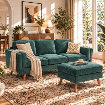 Mid-Century Modern 3-Piece Living Room Sofa Set, Includes 3-Seater Couch & Ottoman, Tapered Wood Legs