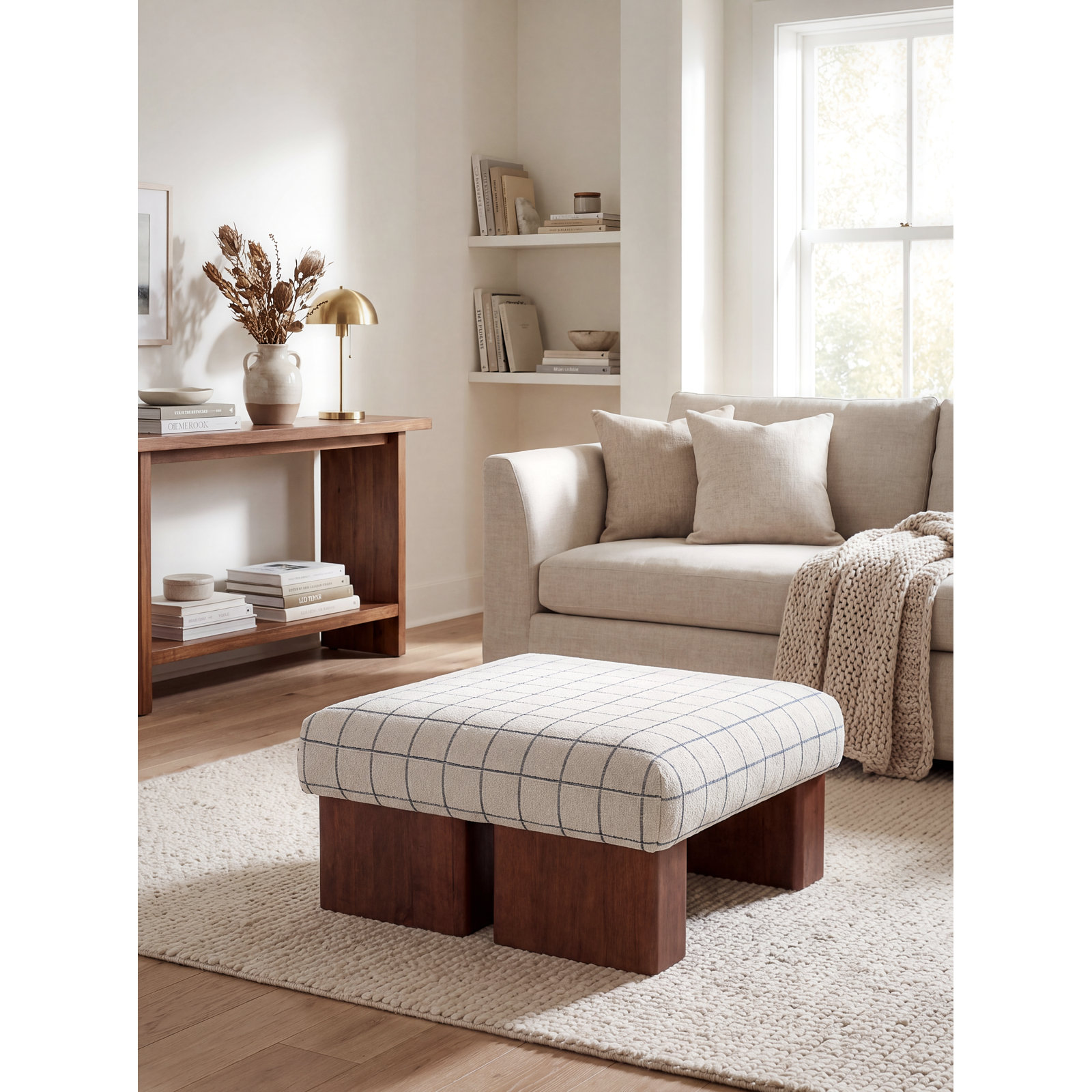 36" Cotton Upholstered Ottoman, Harbor Windowpane, Natural Walnut