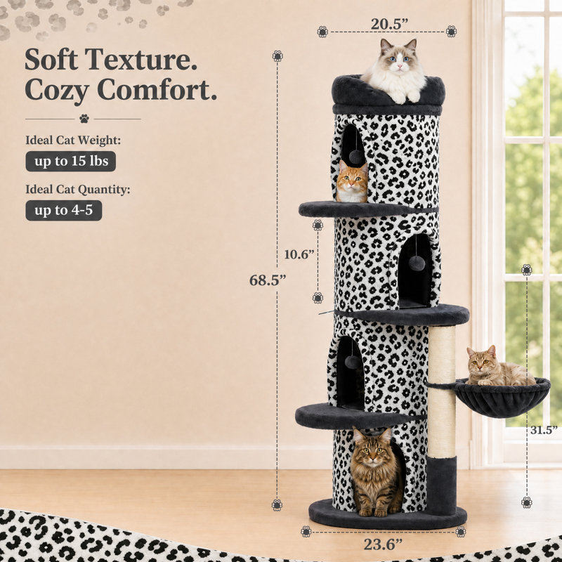 Arbre à chat de 174 cm (68,5 po) à motif léopard pour grands chats, avec niches, griffoirs et lit douillet, Noir