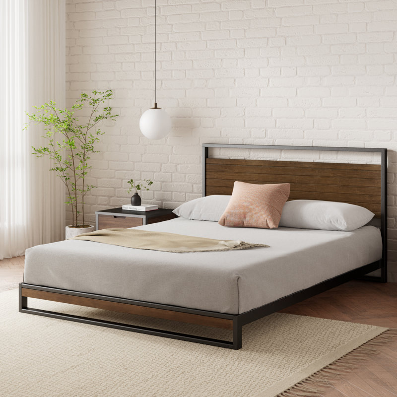 Daniel 37" Low Profile Bamboo and Metal Platform Bed, Queen, Chestnut Brown