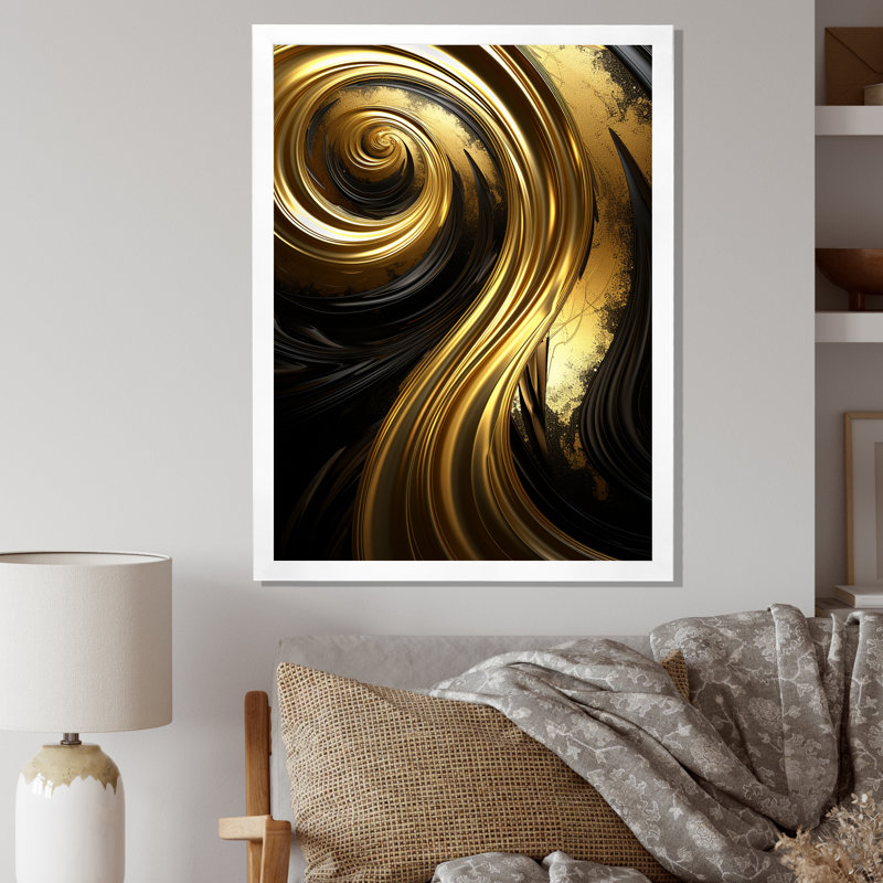 Liquide or et noir abstrait spirale minimale sur toile, H 20 po x l 12 po x P 1 po, Cadre simple blanc
