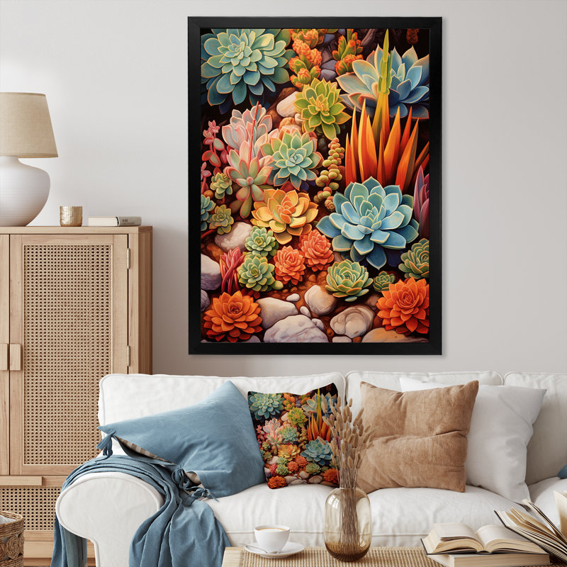 «Sessimore Green Orange Succulents Desert Gems», reproduction sur toile, Cadre photo noir, H 32 po x l 24 po x P 1 po