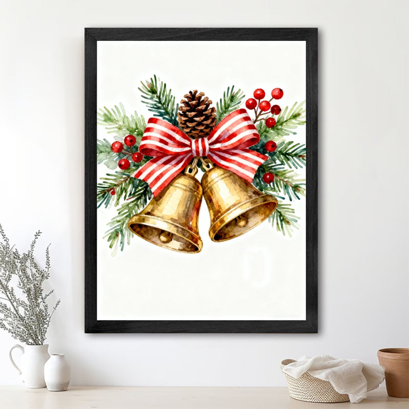 Reproduction d'art encadré noir, pin de Noël et cyprès, cloche en cuivre rétro, H 37 po x l 25 po