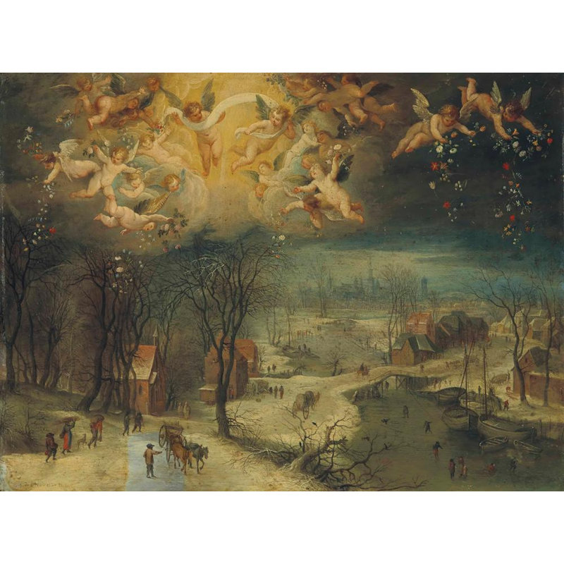 "A Winter Landscape with Villagers Gathering Wood and Skaters on a Frozen River, Putti Scattering Flowers Above" by  Jan Brueghel The Elder - Gallery Wrap Canvas Wall Art