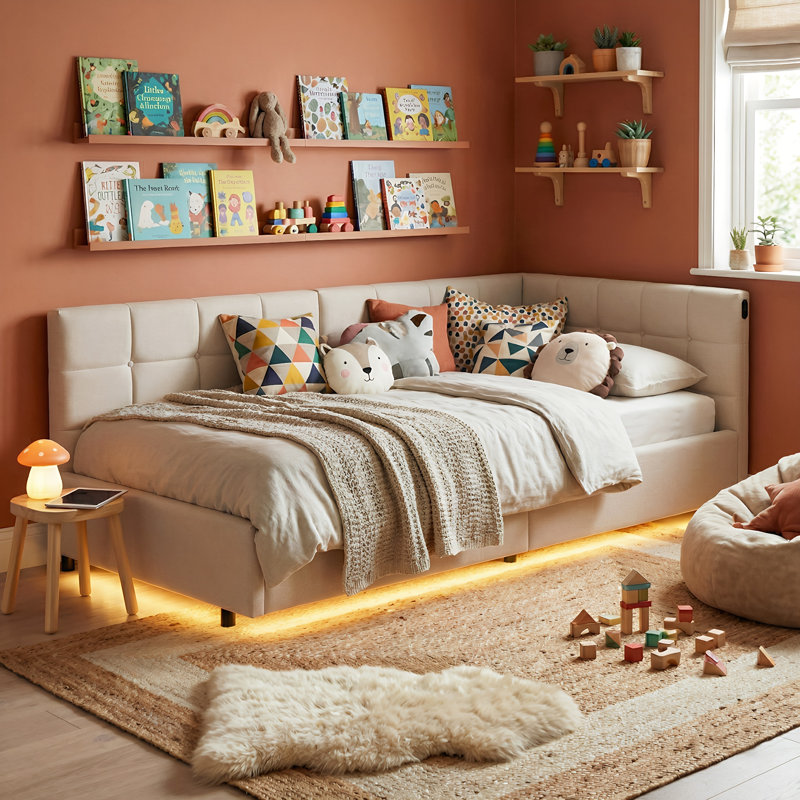 EU & UK Single Ottoman Daybed, Velvet Upholstered Sofa Bed with RGB LED Lights & USB/Type-C Charging, Grey/Cream, Cream