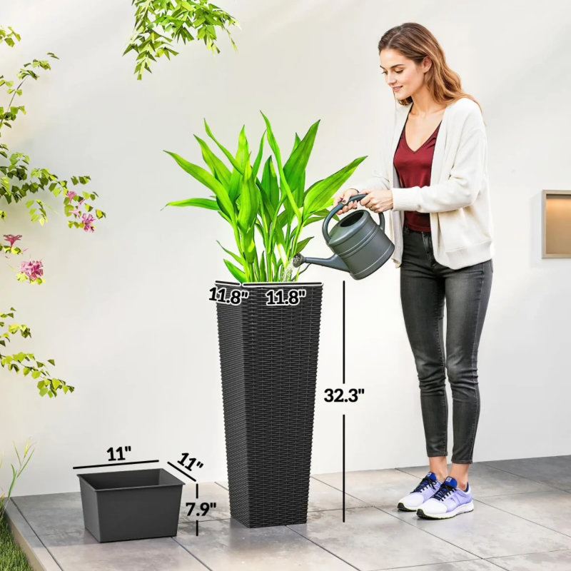 Jardinières en polypropylène noir de qualité supérieure, style moderne en rotin pour la maison