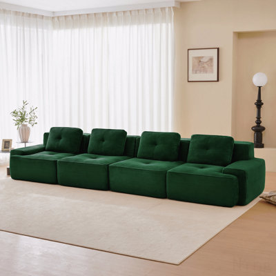 Canapé modulaire moderne pour petit appartement 4 personnes pour petits appartements 153 po pour le salon, tissu en velours côtelé, canapé 4 places avec assise profonde, passepoil perlé, conception capitonnée, connexion par boucle, sans assemblage, conception antidérapante, vert
