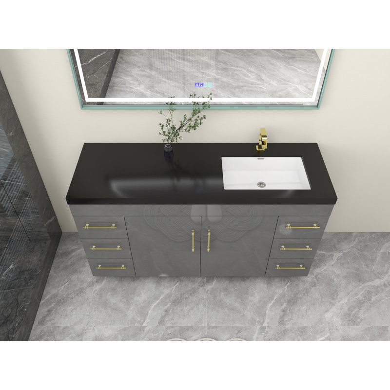 60'' Single Bathroom Vanity with Plastic Top, Matte Gold, High Gloss Gray