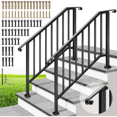 Wrought Iron Curved Ends and Safty Balusters Exterior Hand Rails (2-Pack)