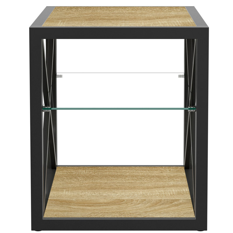 Table de bout de table de chevet de style industriel pour chambre à coucher et salon, plateau en bois de verre trempé naturel, système de rangement efficace à 3 niveaux pour économiser de l'espace