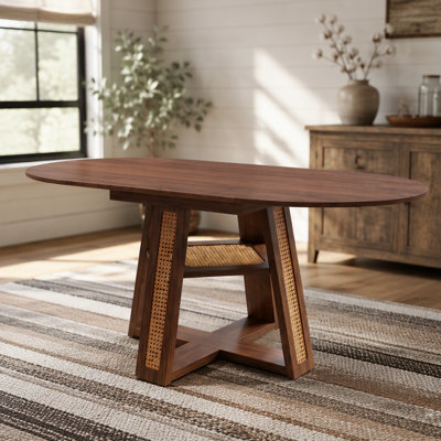 43.3"-59.05" Extendable Round Dining Table for 4-6, Round-to-Oval Kitchen Table with Removable Extension Leaf, Cross-Shaped Base and Storage Shelf, Wa