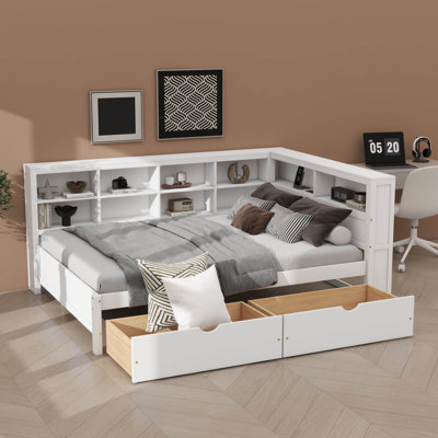 Wooden Full Size Daybed With 2 Drawers, Daybed With Storage Shelf And USB Charging Ports