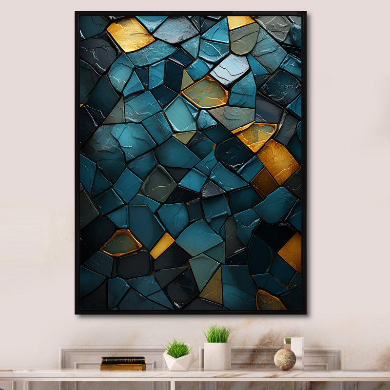 Décoration murale bleue et dorée Elegance II - marbre, Cadre flottant noir, H 40 po x l 30 po x P 1,5 po