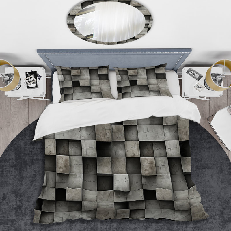 Architectural Concrete Wall Illusion Abstract Duvet Cover, Queen Duvet Cover + 2 Standard Shams