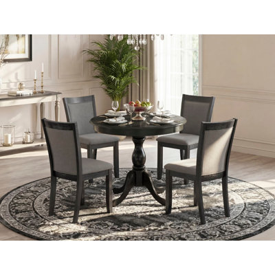 5 Piece Dinette Set for 4 Includes a Round Kitchen Table with Pedestal and 4 Shitake Linen Fabric Upholstered Parson Chairs, Wirebrushed Black
