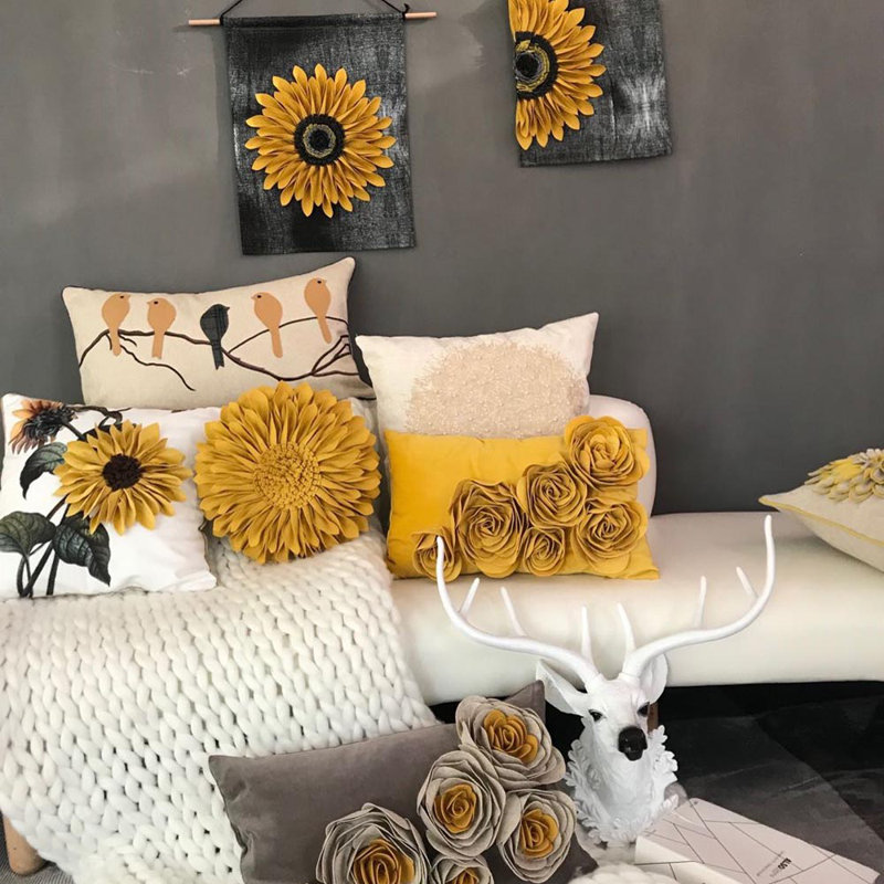  Housse et insert de coussin décoratif en tournesol Appliqued, Jaune doré - toile et laine, Carré 12 po
