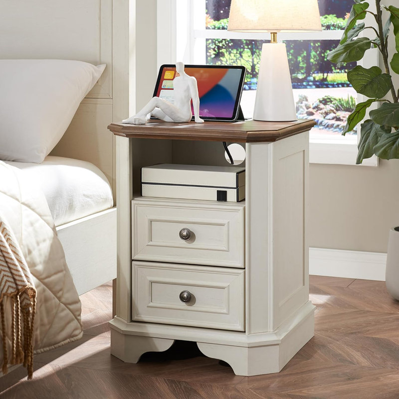Loiret 2 - Drawers Modern Wood Nightstand with Charging Station,Bed Side Table with Open Storage For Bedroom and Built-In Outlets