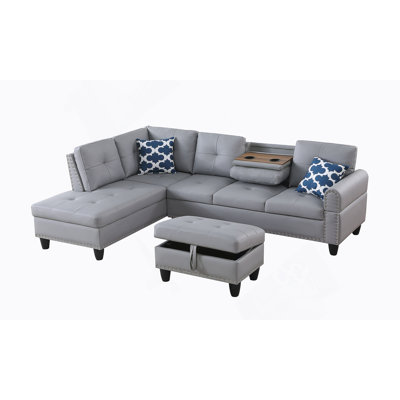 Gray Faux Leather L - Shaped Sectional With Storage Ottoman