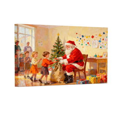 Ensemble de 3 impressions sur toile, père Noël avec enfants en classe
