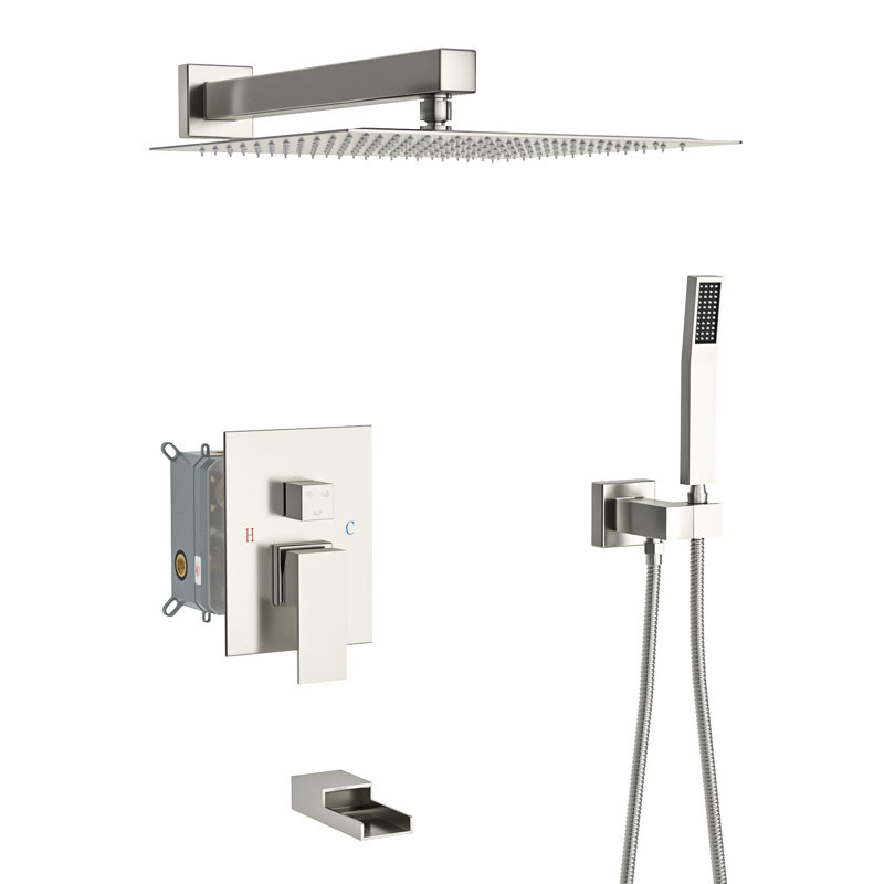 Système de douche avec douchette cascade en nickel brossé - Fixation murale 10 po, carrée, 3 fonctions, douche à effet pluie, à main, nickel carré monté sur machine, en kit