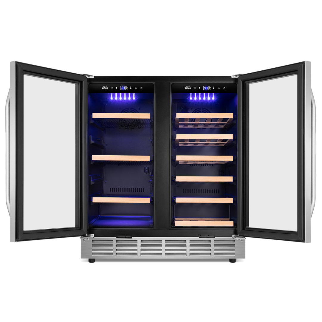 30 Inch Dual Zone Wine and Beverage Refrigerator with LED Lighting, Adjustable Shelves, and Safety Door Locks - Holds 29 Bottles & 110 Cans, Freestanding or Built-In Velivi