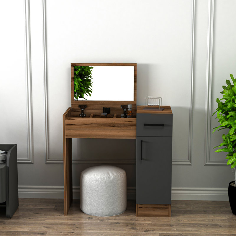 Makeup Vanity With Mirror Ellian, Light Walnut/Anthracite