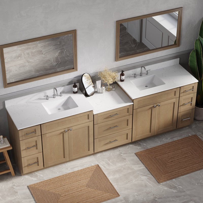 Plateau de meuble-lavabo double en bois massif avec tiroir à queue d'aronde et comptoir Carrara, 109", Chêne naturel
