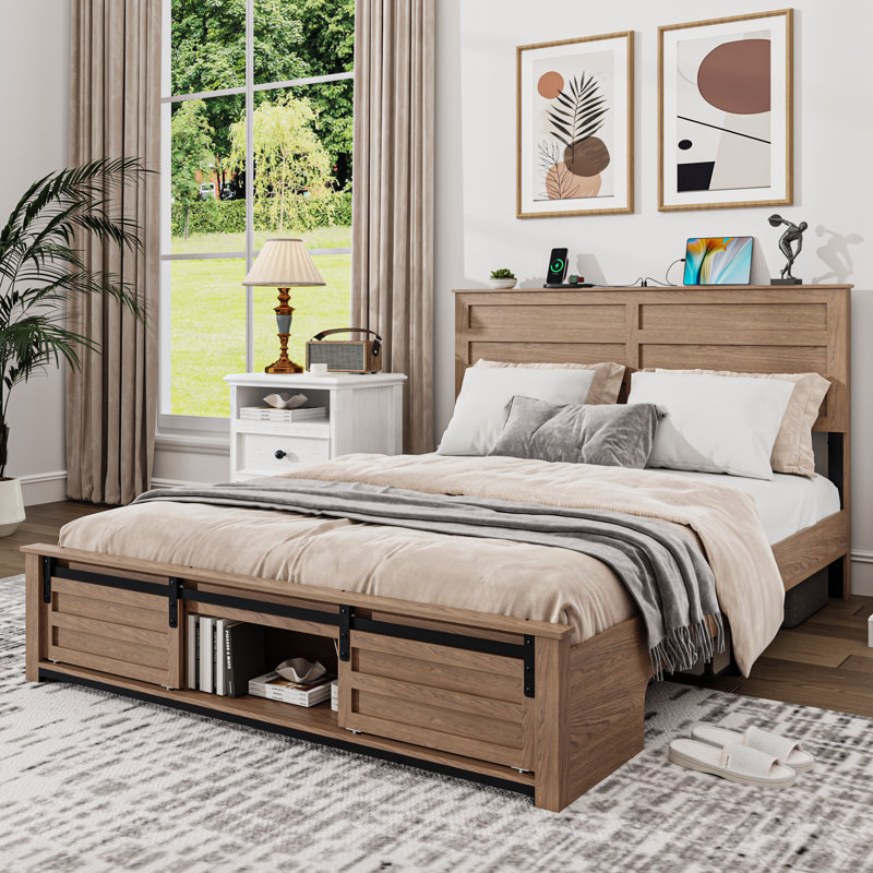Farmhouse Wood Bed Frame, Sliding Barn Door Footboard Storage Cabinets,Including Charging Stations And LED Lights, Queen