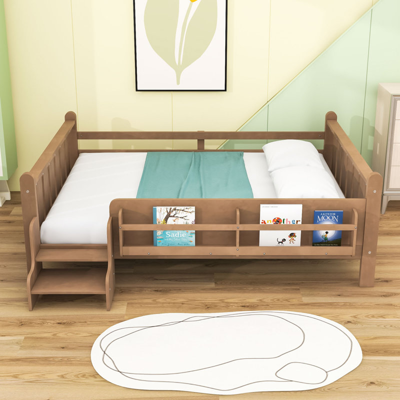 Lit en bois avec bibliothèques de rangement, Naturel, Lit double
