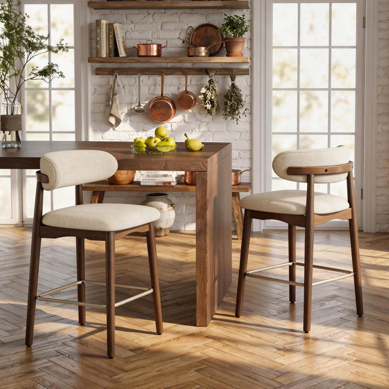 Tabouret de bar moderne à hauteur de comptoir avec dossier, non pivotant, pieds en bois d'hévéa massif et repose-pieds en métal bronze