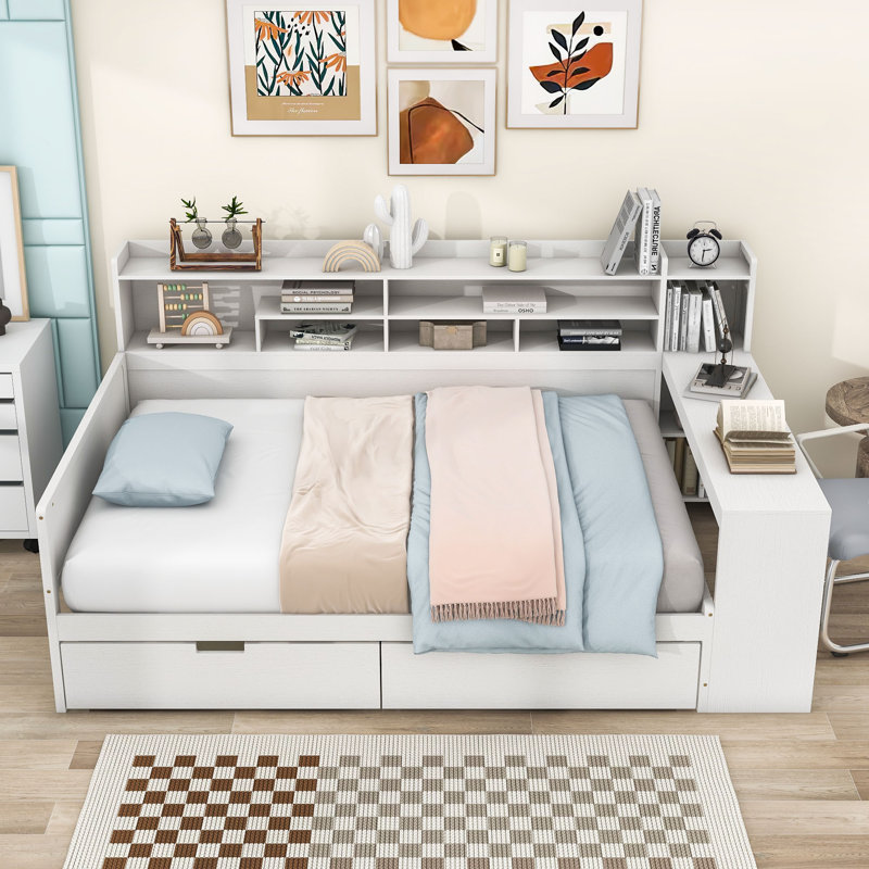 Multifunctional Wooden Daybed with Built-in Desk, Side Storage Shelves and Drawers, Antique White, Full/Double