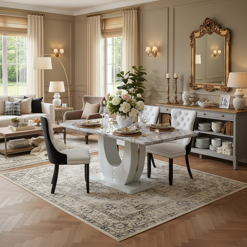 5-pieces 63" Rectangular Faux Marble Dining Set with Button-Tufted Upholstered Chairs, Black/White, Gray