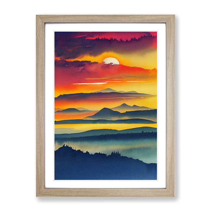 Sunset Mountain No.4 - Single Picture Frame Painting, 64cm H x 46cm W x 2cm D, Oak 