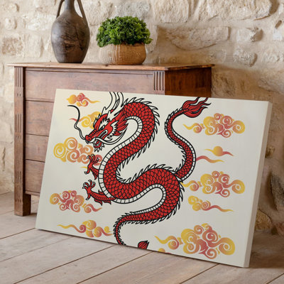 Toile, Un majestueux dragon rouge s'enroule gracieusement contre un fond beige doux, ses échelles chatoyantes avec des détails complexes, art mural