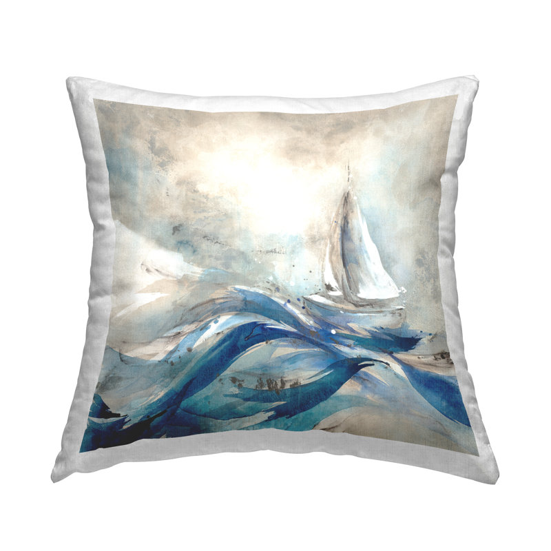Sailboat Rolling Ocean Waves Printed Throw Pillow Design By Leah Rei