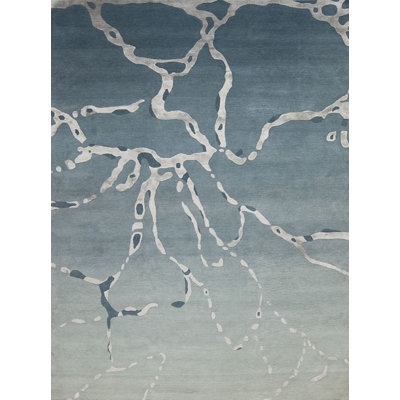 Modern Tibet III Hand Knotted Abstract Area Rug in Sky Blue/White