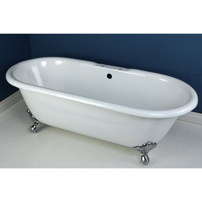 Kingston Brass Aqua Eden 66-Inch Cast Iron Oval Double Ended Clawfoot Tub (7-Inch Faucet Drillings), White/Polished Chrome